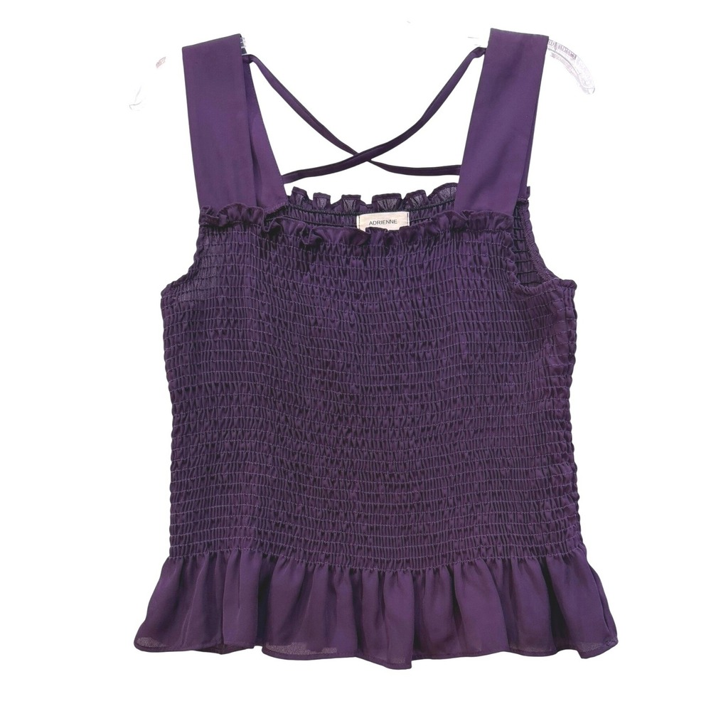 Adrienne Women's Purple Smocked Ruffle Hem Tank Top Crisscross Back‎ Large Boho